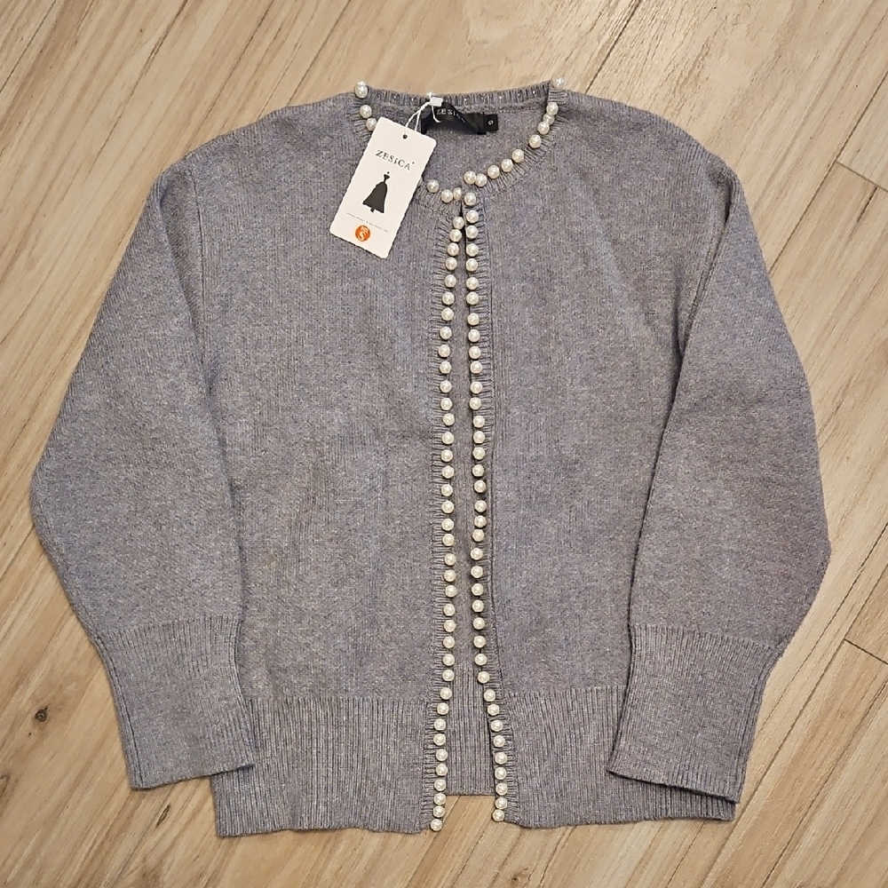 Gray Pearl-Trimmed Women's Cardigan